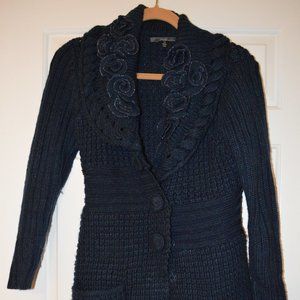 Navy Blue Sweater Coat with Shimmer Rose Detail